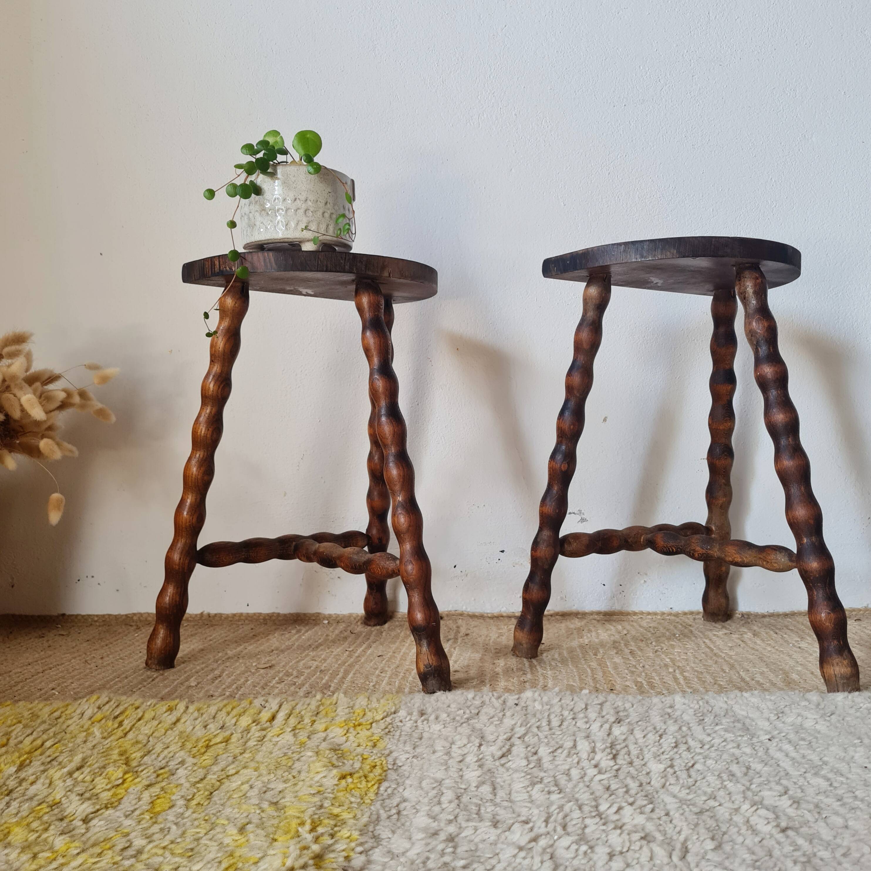 Wooden tripod stools - pair of turned leg bedside tables