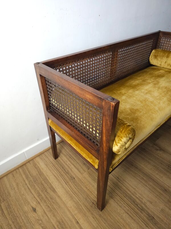 Anquette vintage en cannage et velours jaune moutarde