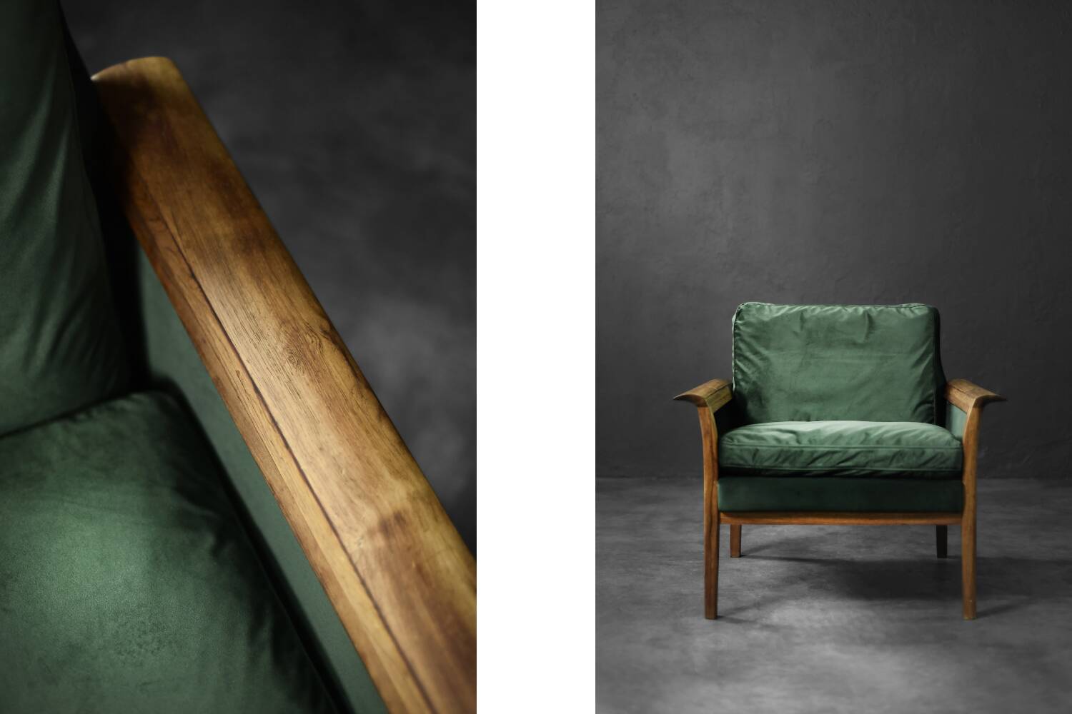 Vintage Mid-Century Modern Rosewood & Green Velour 3-Seater Sofa and Chair