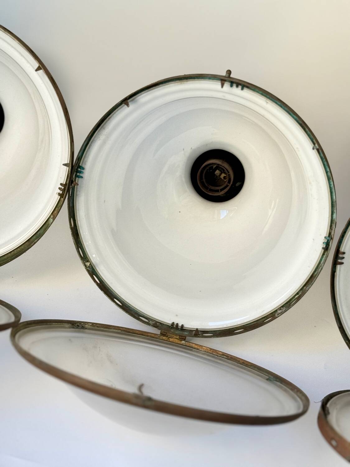 Bauhaus Art Deco Suspension Set in Opaline Glass and Brass 1930