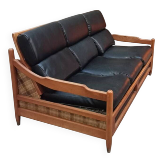 Convertible sofa in wood and black leather, mid-20th century