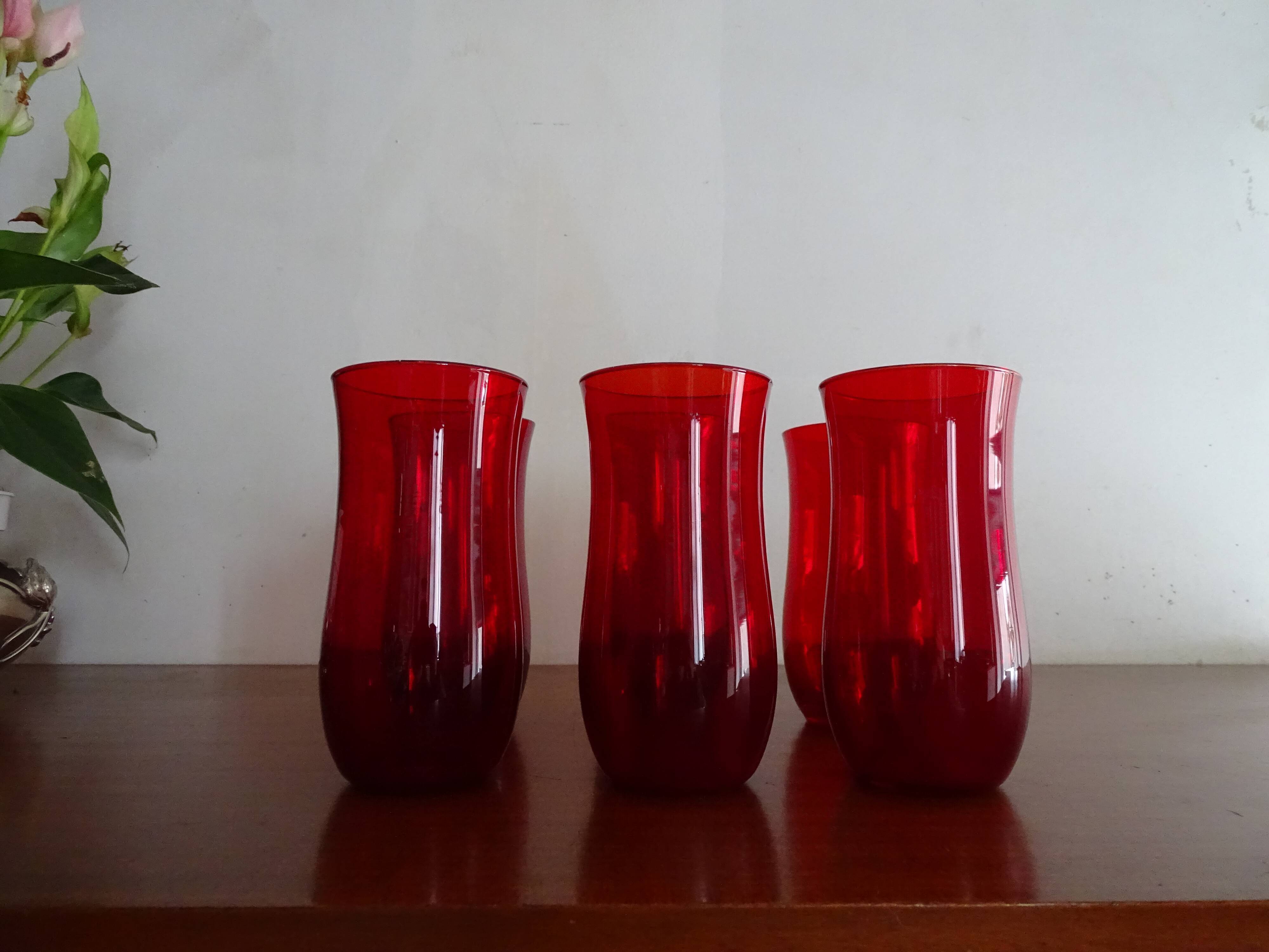 6 water glasses blown glass vintage ruby red 1960