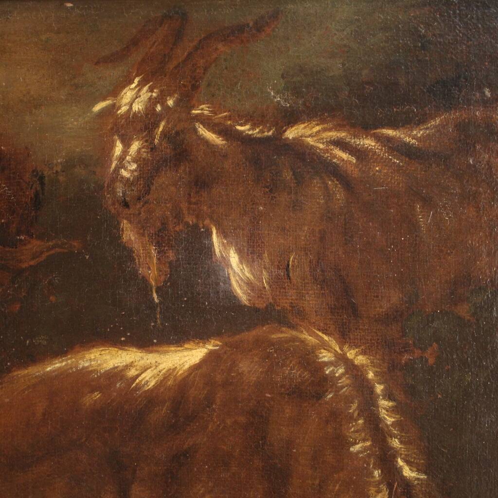 Peinture ancienne paysage avec des chèvres du XVIIe siècle