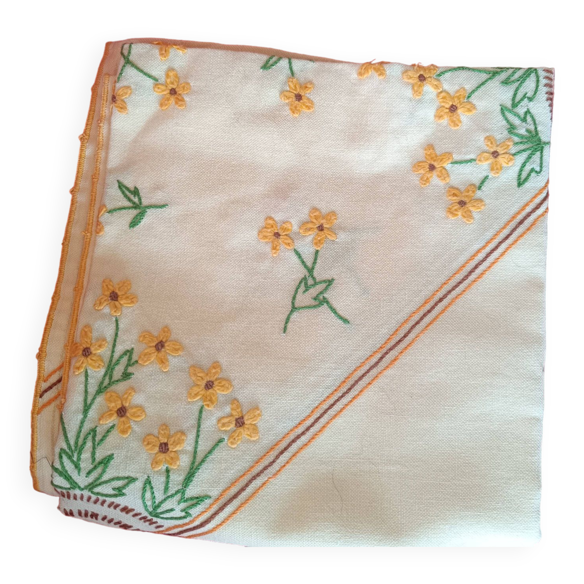 Hand-embroidered yellow square tablecloth.