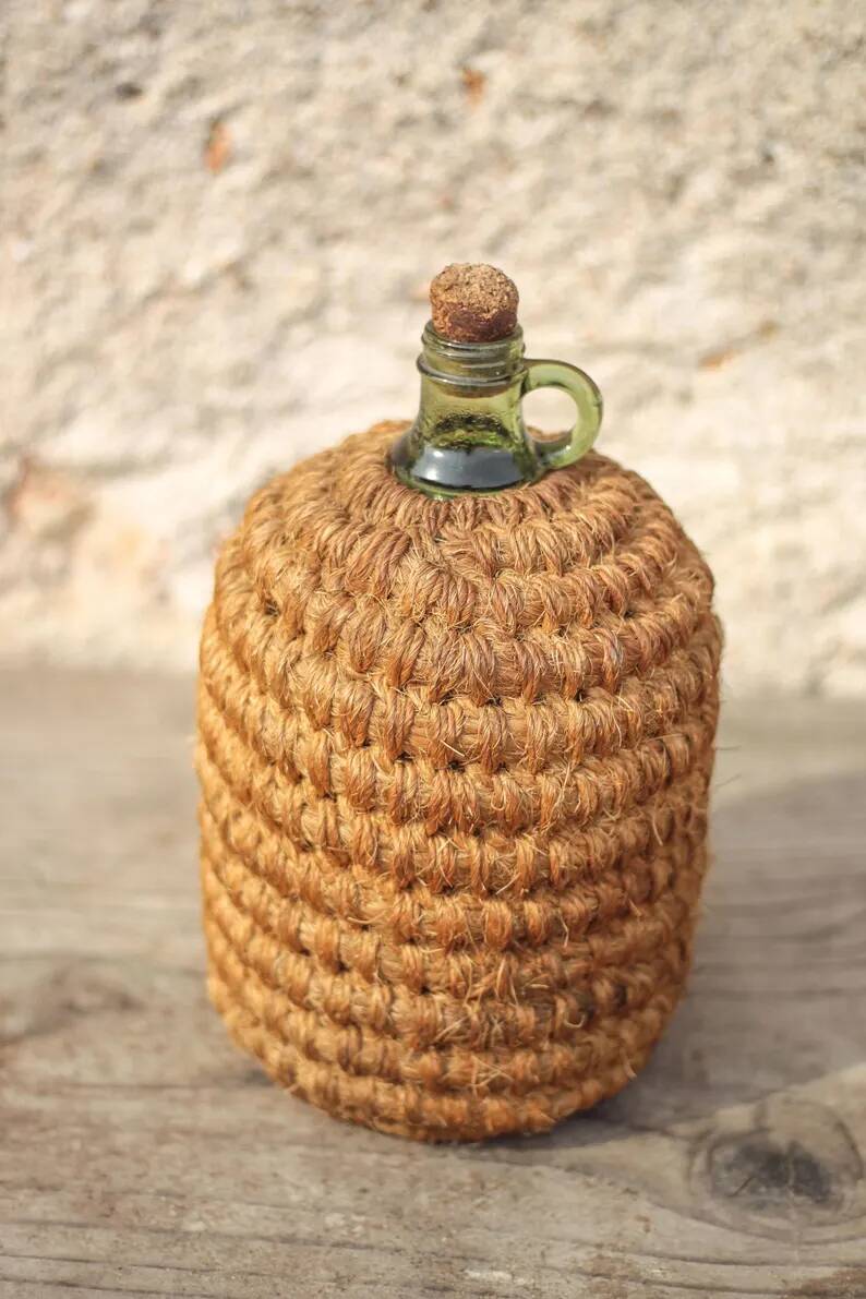 Lady Jeanne bottle, green glass bottle dressed in straw and wicker weaving, jar, vintage decor.