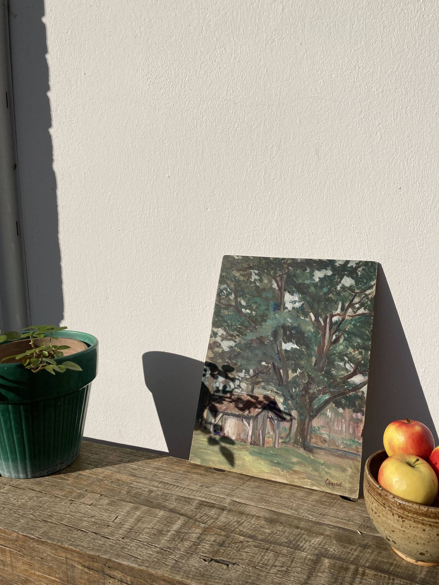 Oil on wood panel, old painting signed representing a tree and a bread oven of the Landes