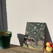 Oil on wood panel, old painting signed representing a tree and a bread oven of the Landes