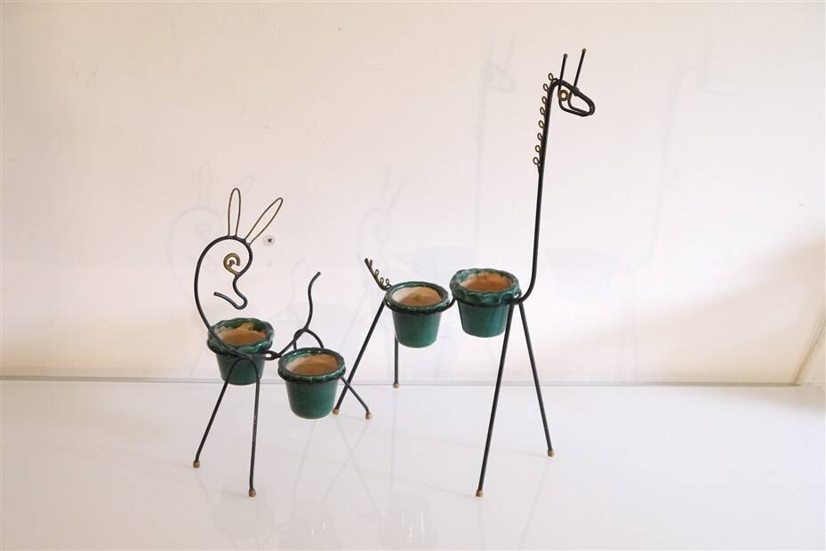 Pair of metal and ceramic plant stands