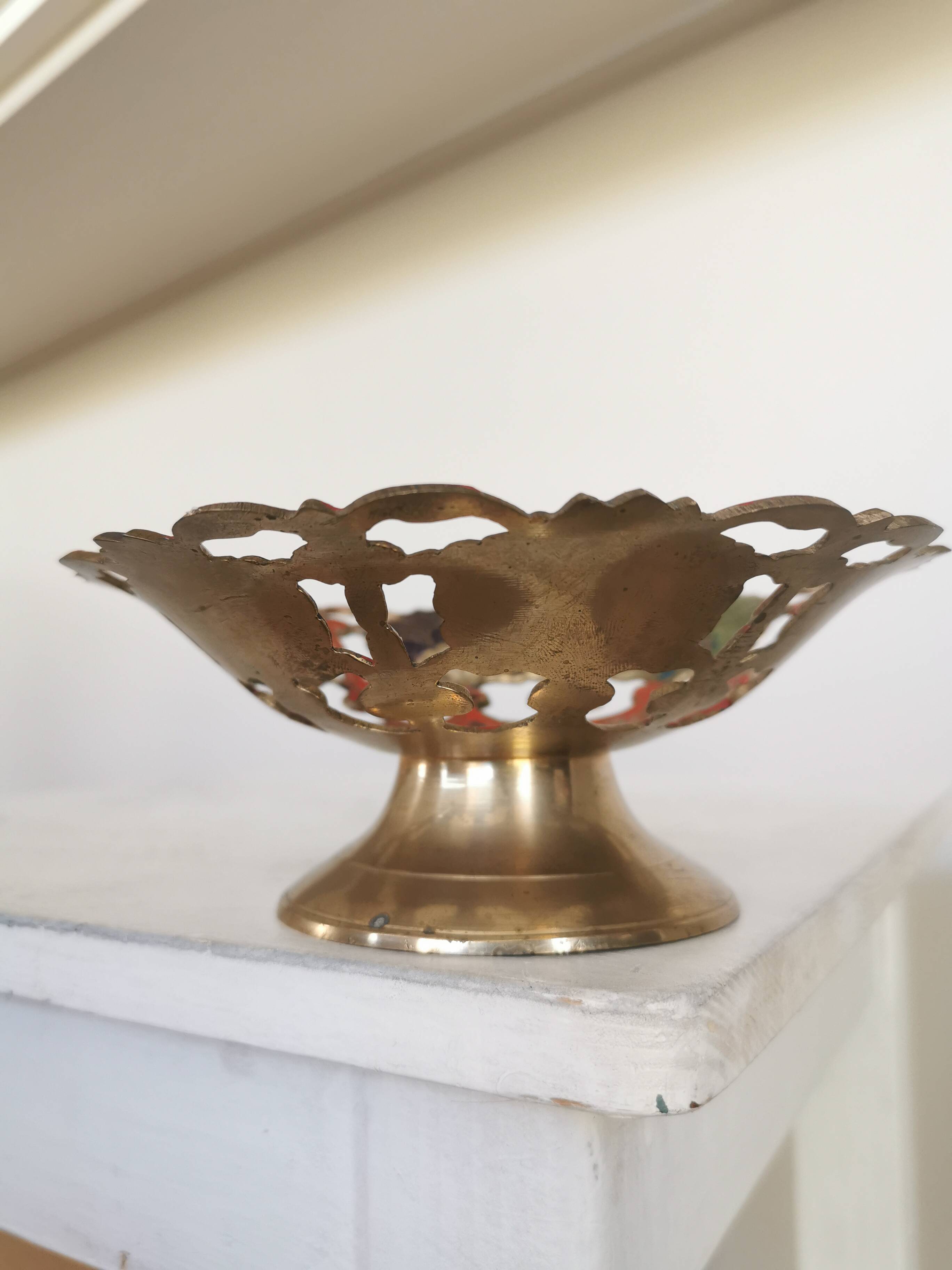 Vintage Brass Pedestal Bowl: Floral Motif, Red Blue Green Painted