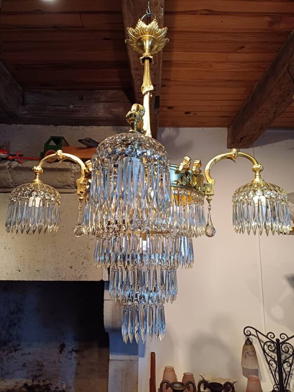 Lustre à pampilles ancien cristal est bronze époque XIXeme
