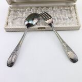 Old covered box in silver or silver metal spoon and fork with hallmarks