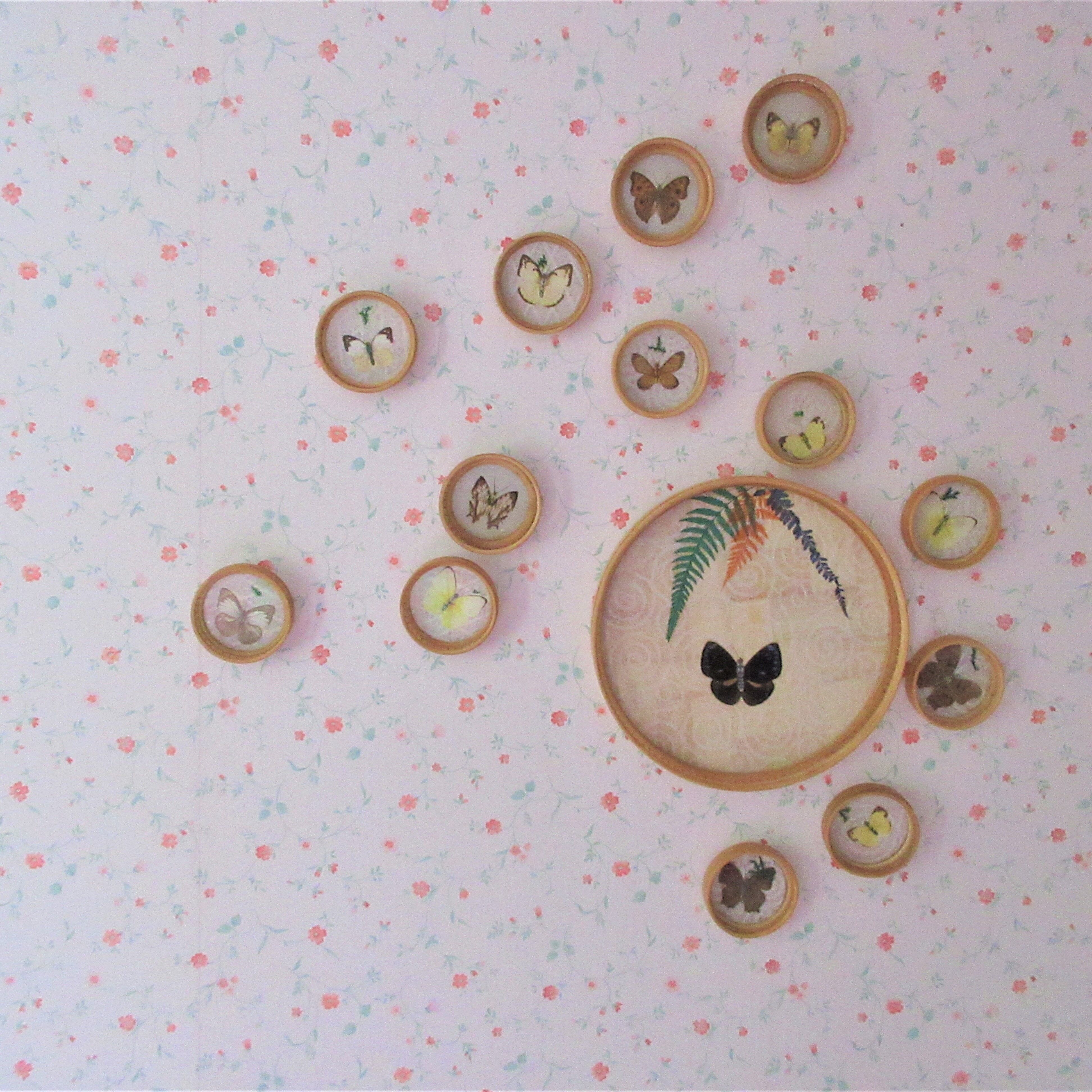 Plateau and 13 vintage butterfly and rattan coasters to be diverted into decorative elements