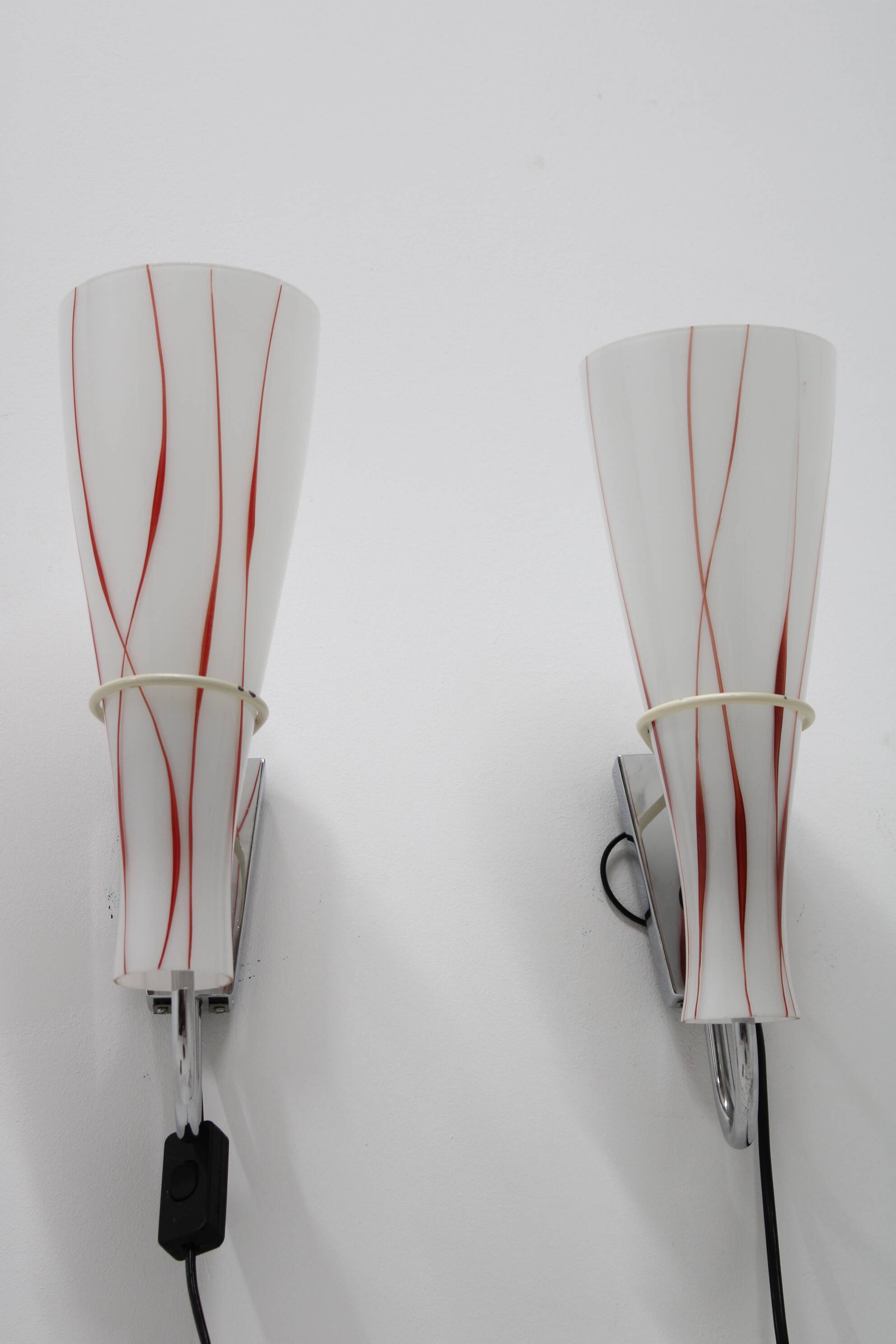 1970s Pair of Glass Wall Lamps , Czechoslovakia