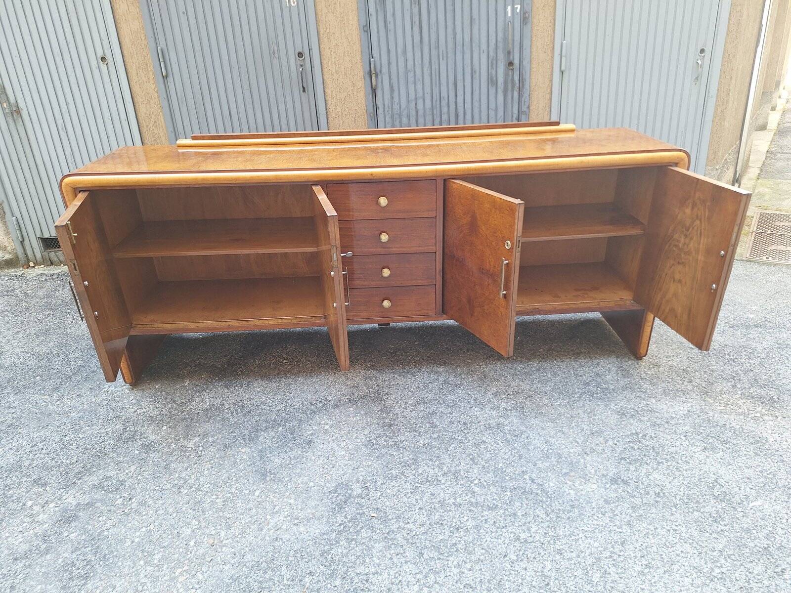 Vintage Sideboard in in Walnut Root and Maple Wood with Brass Details, 1940s