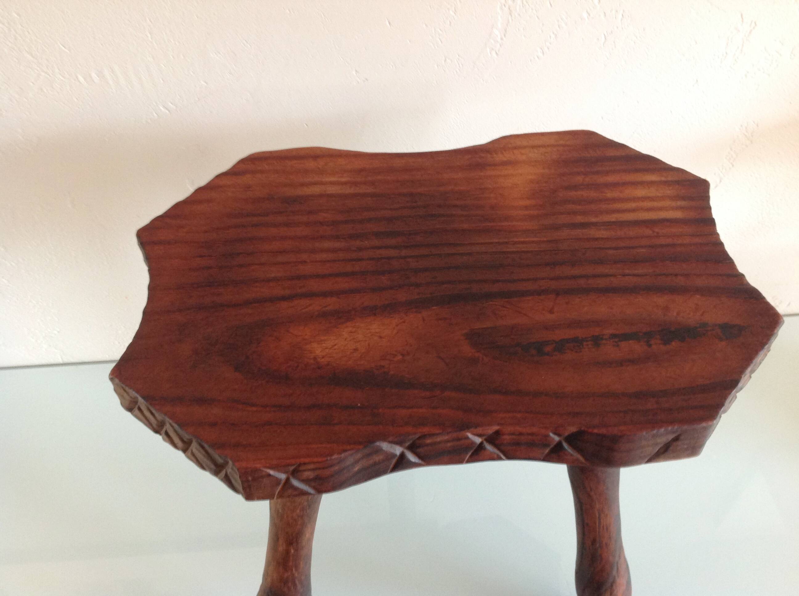 Vintage brutalist wooden tripod stool from the 60s and 70s