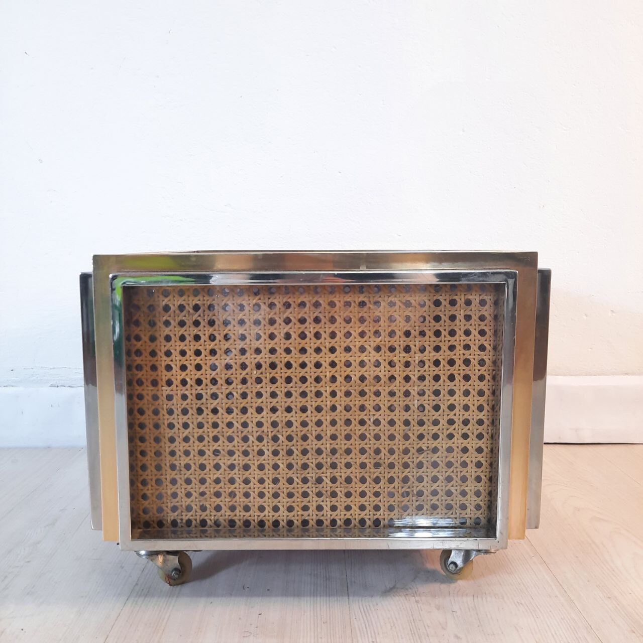 Planter, vintage storage with lightweight wheels, straw, brass and steel, hollywood regency
