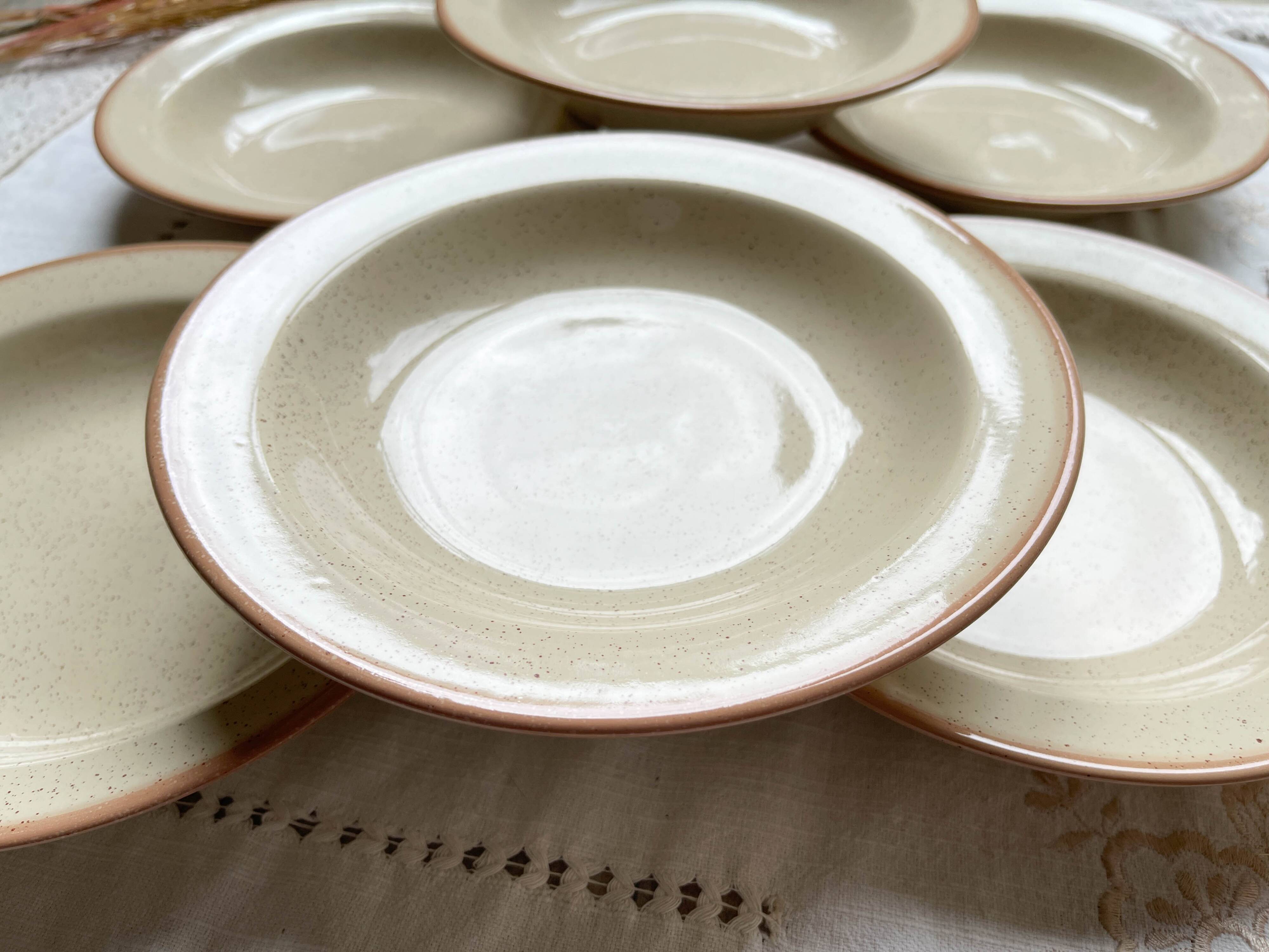 6 Deep plates in speckled beige stoneware, Tulowice style, Poland 1970