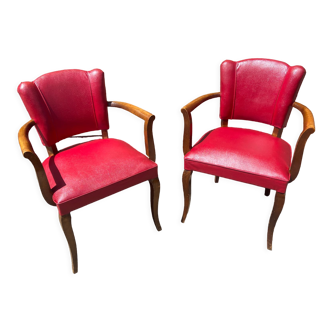 Paire de fauteuils bridge en simili cuir mid-century 1950