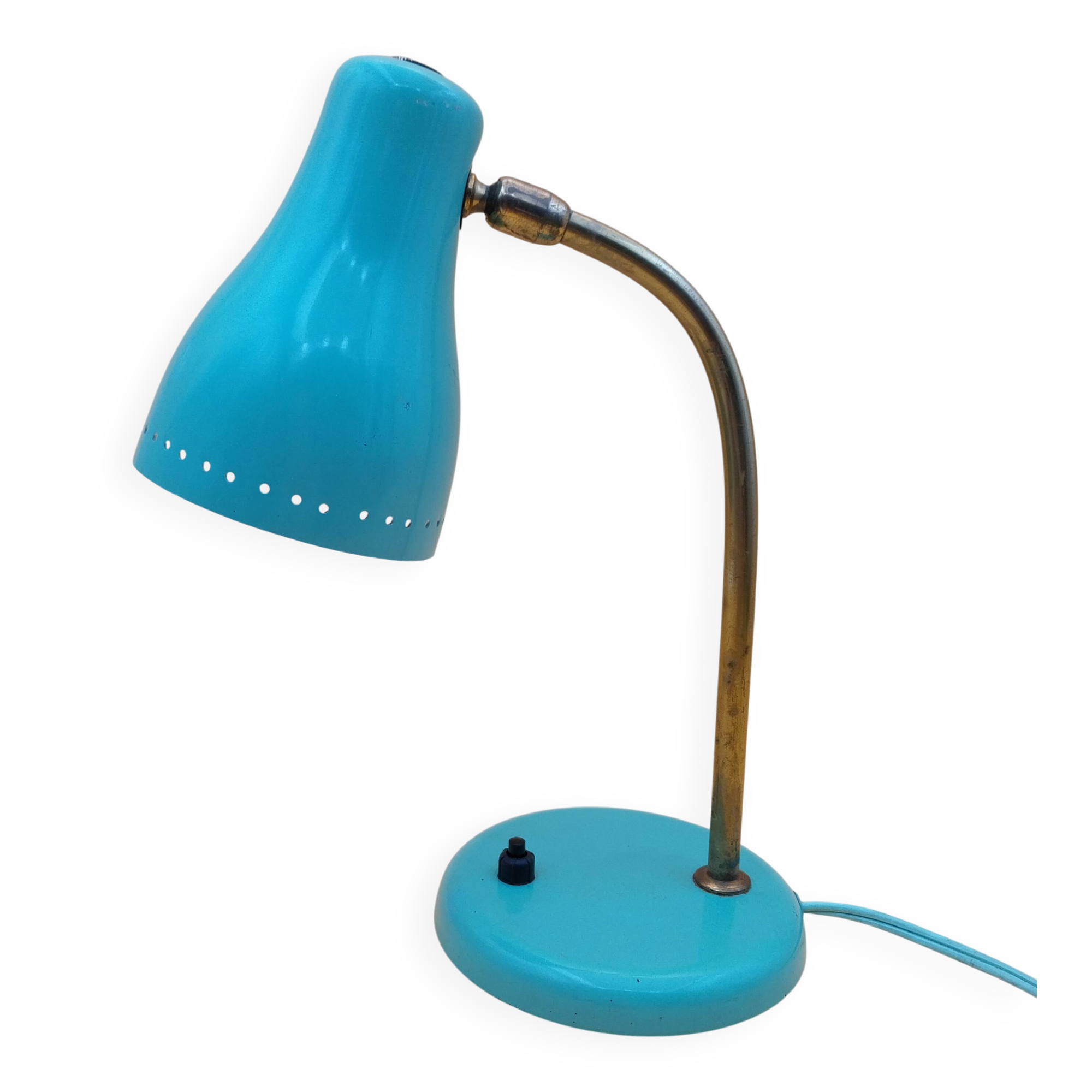 Green brass desk lamp with a goose neck on a ball joint from the 1960s.