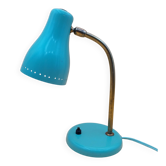 Green brass desk lamp with a goose neck on a ball joint from the 1960s.