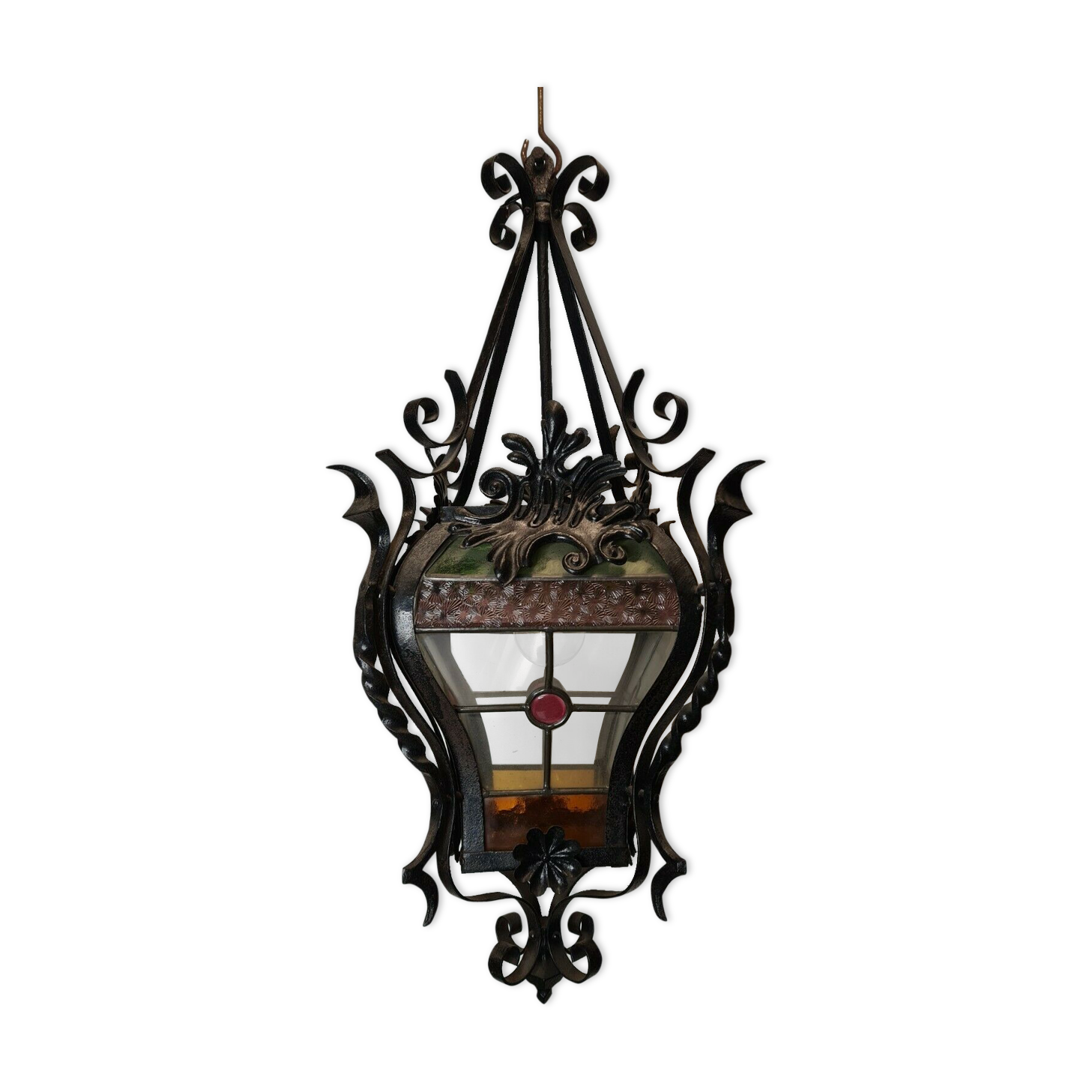 Wrought iron lantern with stained glass