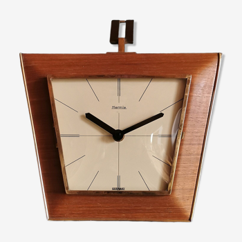 Horloge formica vintage pendule murale silencieuse trapèze "Hermle bois noir doré"