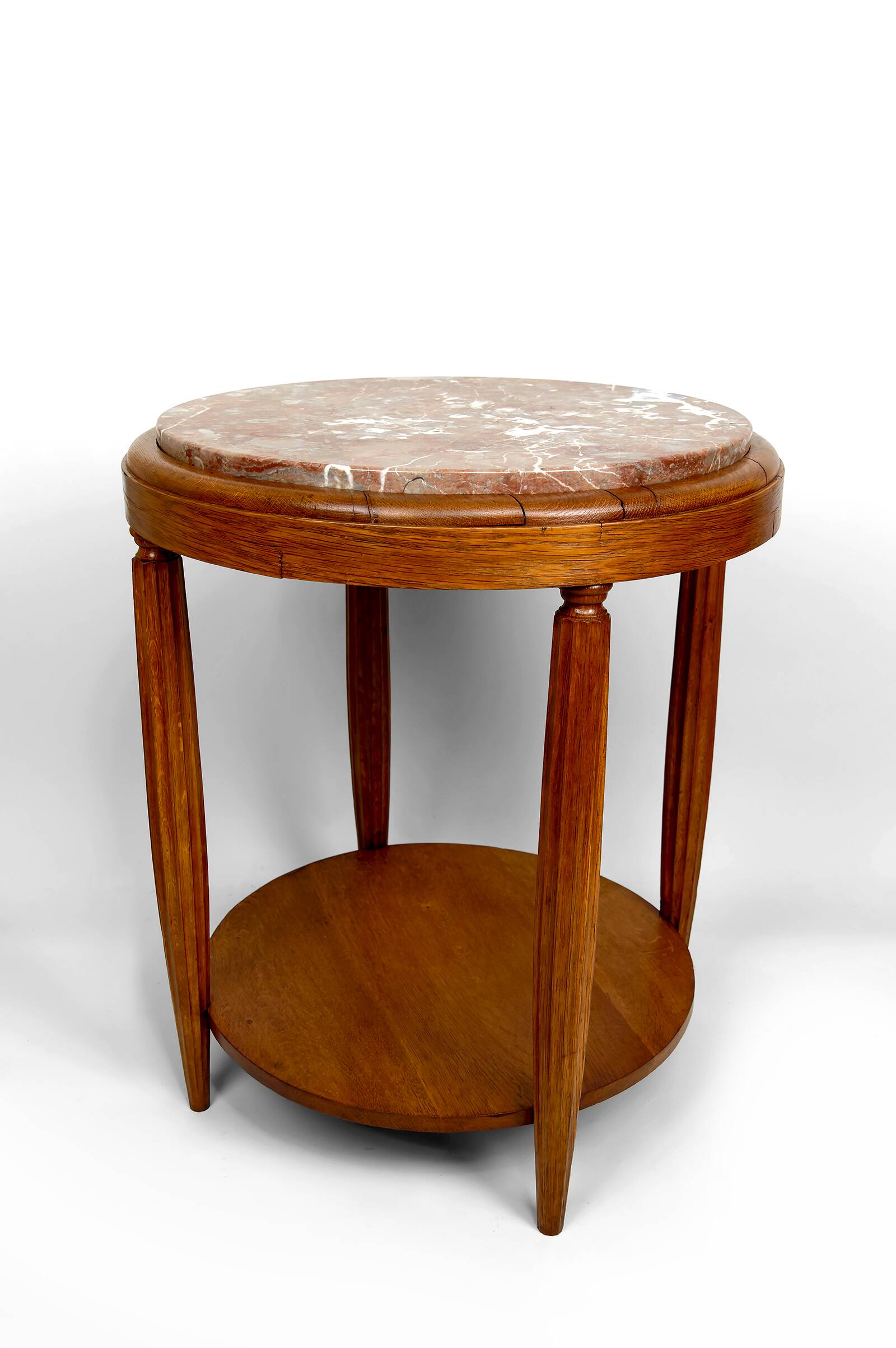 Pedestal Table, Side Table in Solid Oak & Griotte Marble Top