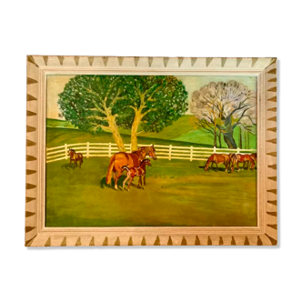 1940s French oil painting on panel. Horses in the paddock
