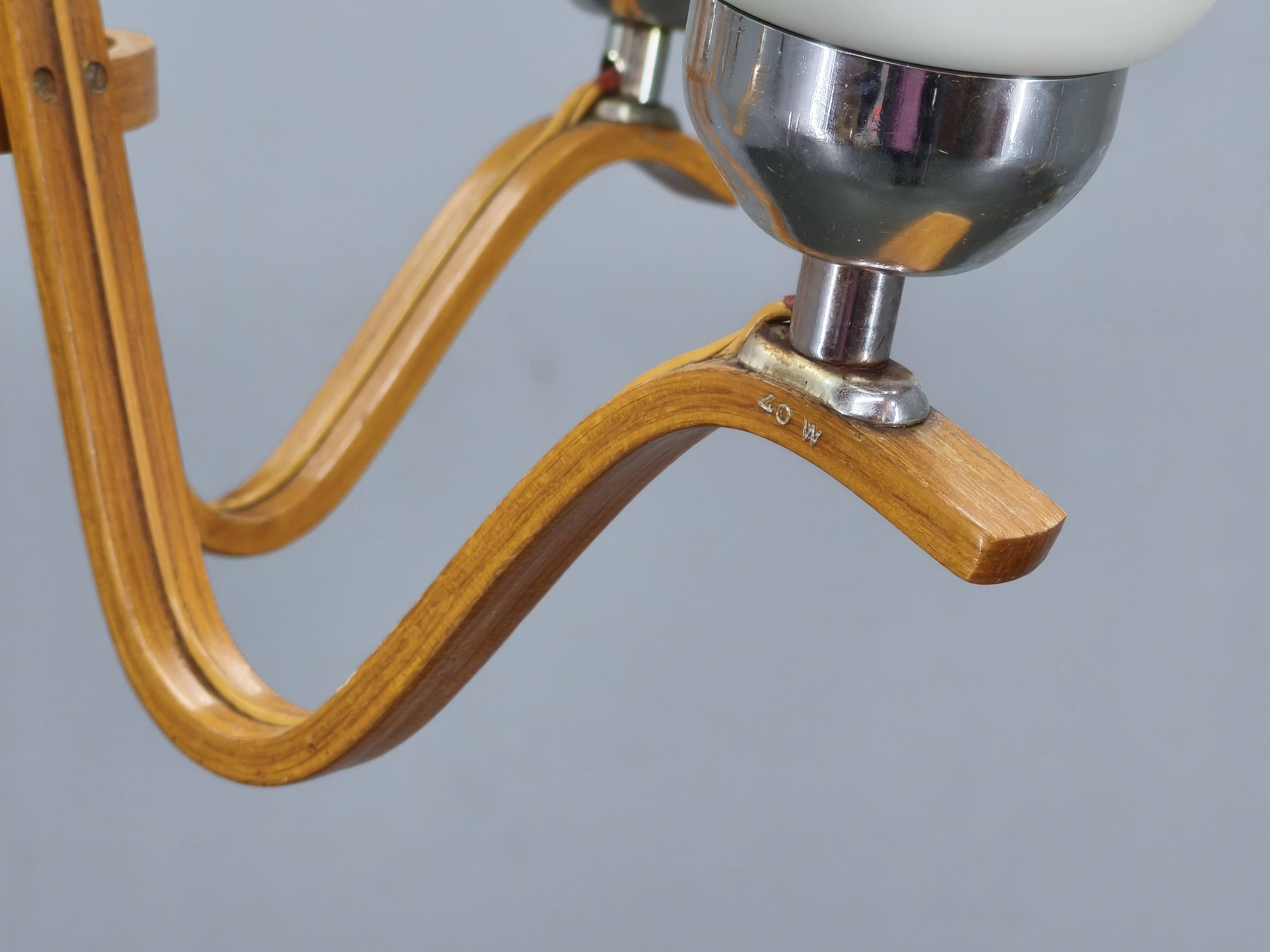 Pair of Czech Mid-Century Wood and Glass Chandeliers by Dřevo Humpolec