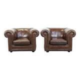 Set of 2 Large Dark Cowhide Leather Chesterfield Armchairs