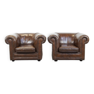 Set of 2 Large Dark Cowhide Leather Chesterfield Armchairs