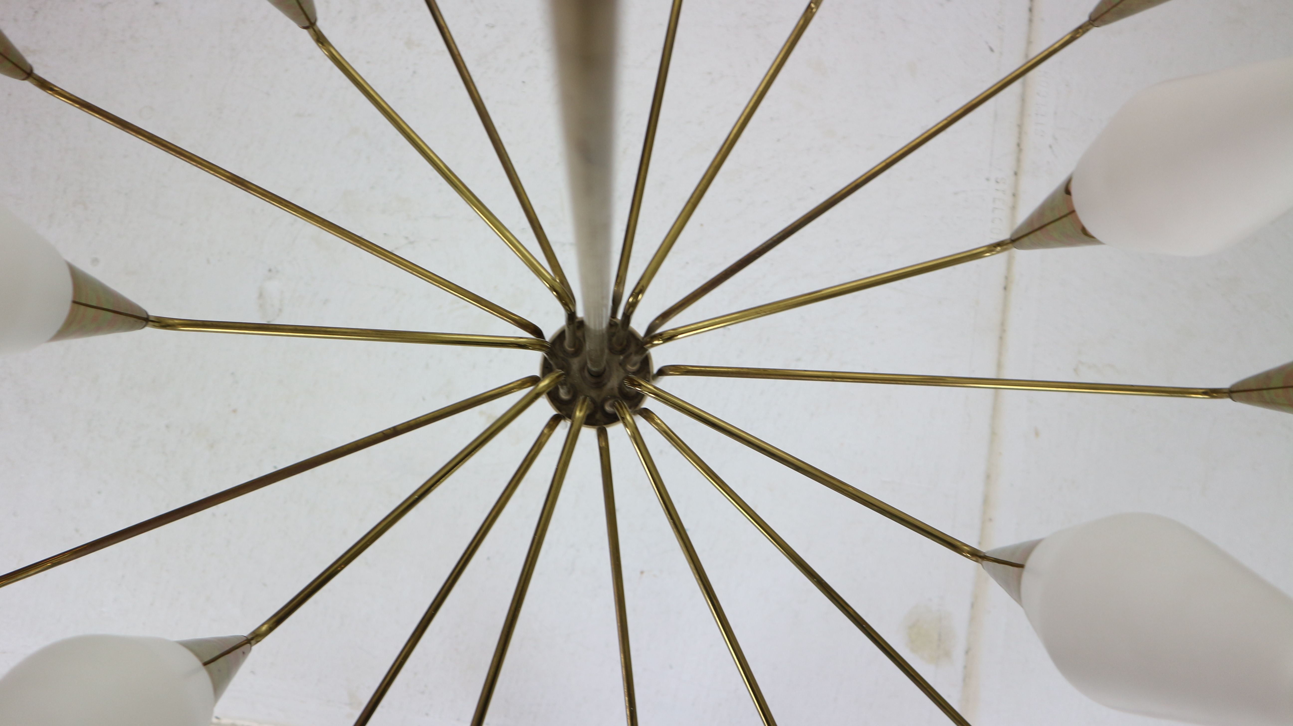 Italian mid-century modern brass and opaline glass chandelier, 1960