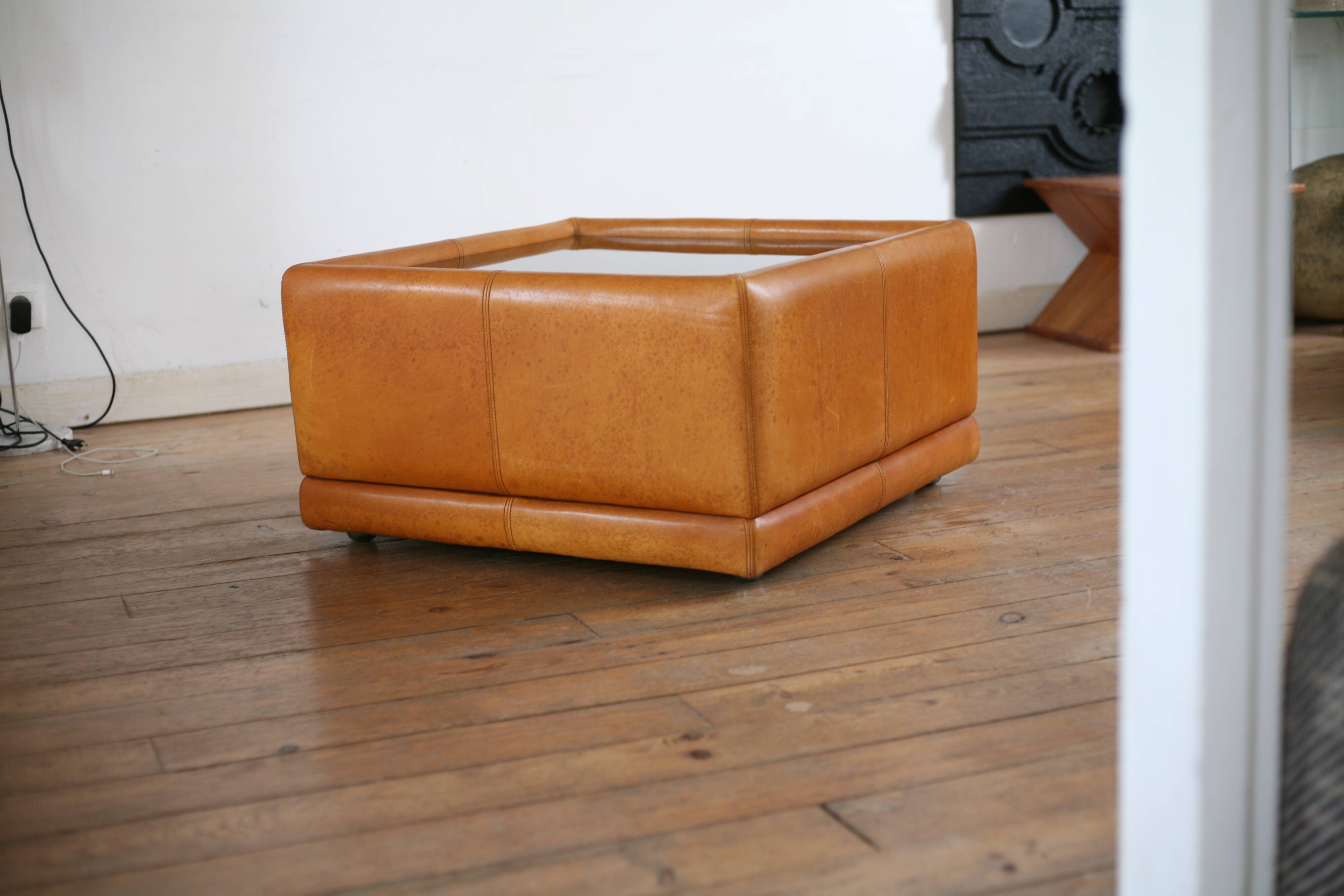 black leather and glass coffee table, vintage design