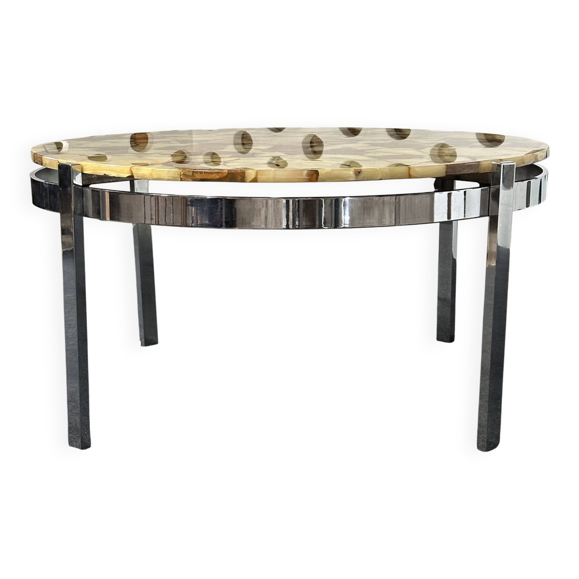Round coffee table with onyx effect & chrome 100 cm