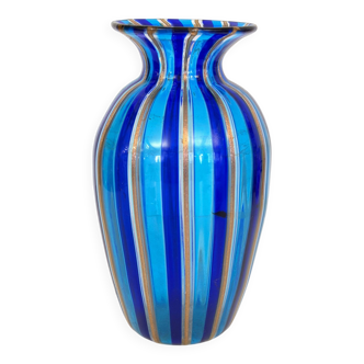 Murano Glass Vase with Blue and Light Blue Canes and Avventurine, 1980s