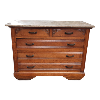 Art deco chest of drawers in oak and marble