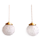 Pair of Art Deco pendant lights in transparent satin glass, 1920s-30s
