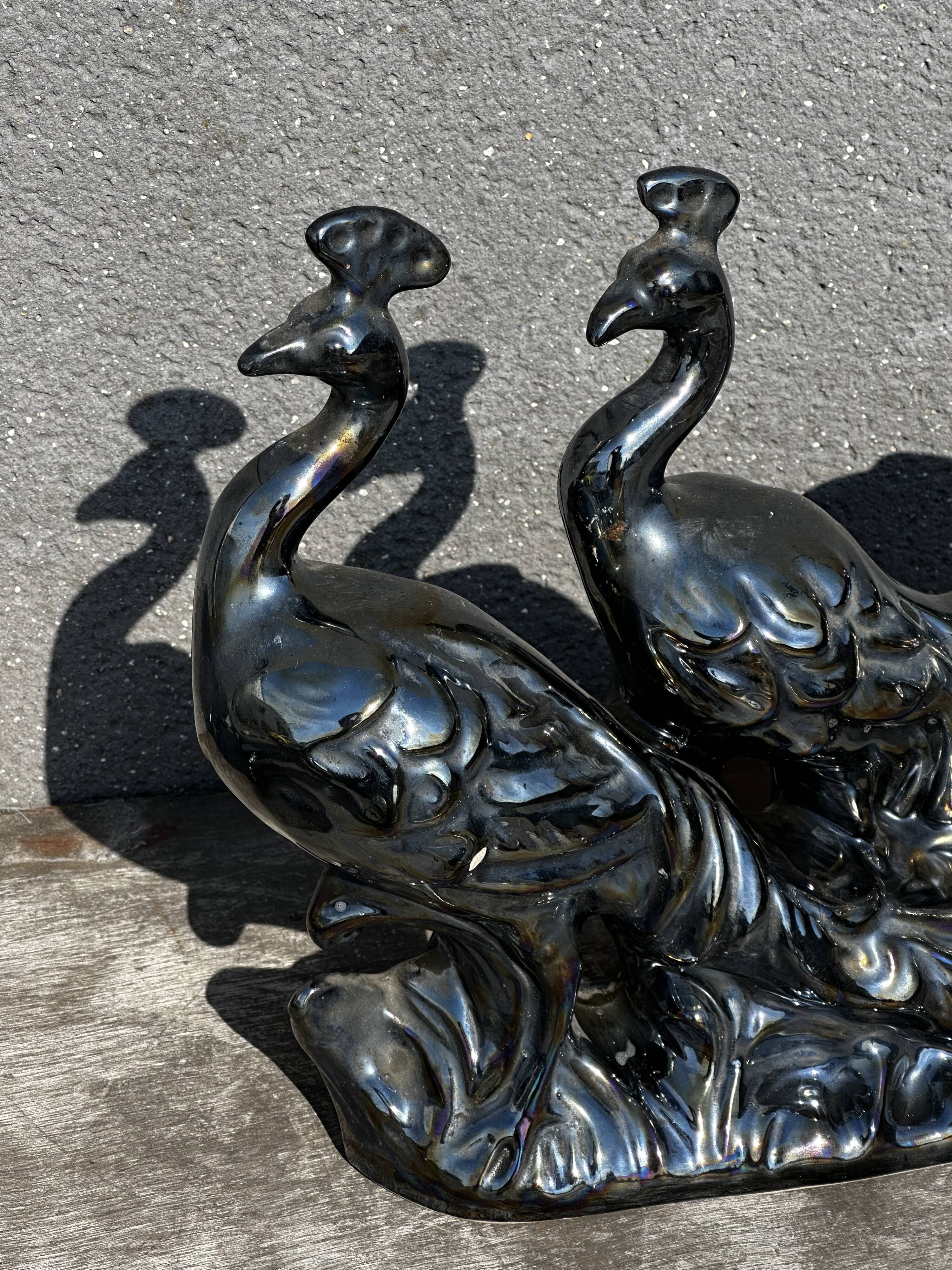 Centerpiece Pair of Peacocks Ceramic Vallauris Iridescent Anthracite Grey