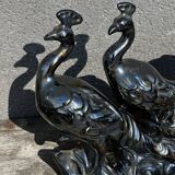 Centerpiece Pair of Peacocks Ceramic Vallauris Iridescent Anthracite Grey