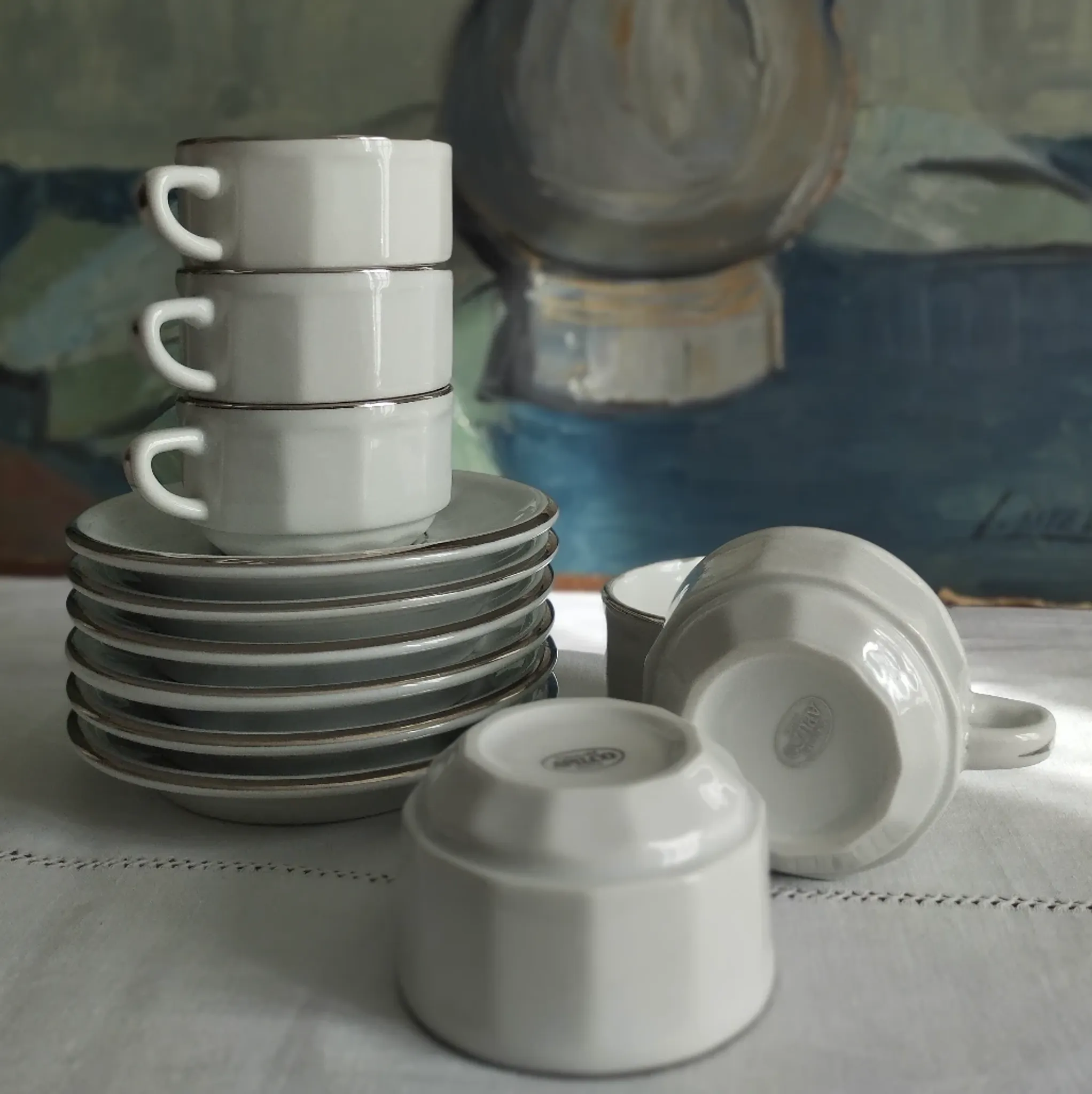 6 white porcelain coffee cups with silver trim Apilco Deshoulières