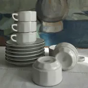 6 white porcelain coffee cups with silver trim Apilco Deshoulières