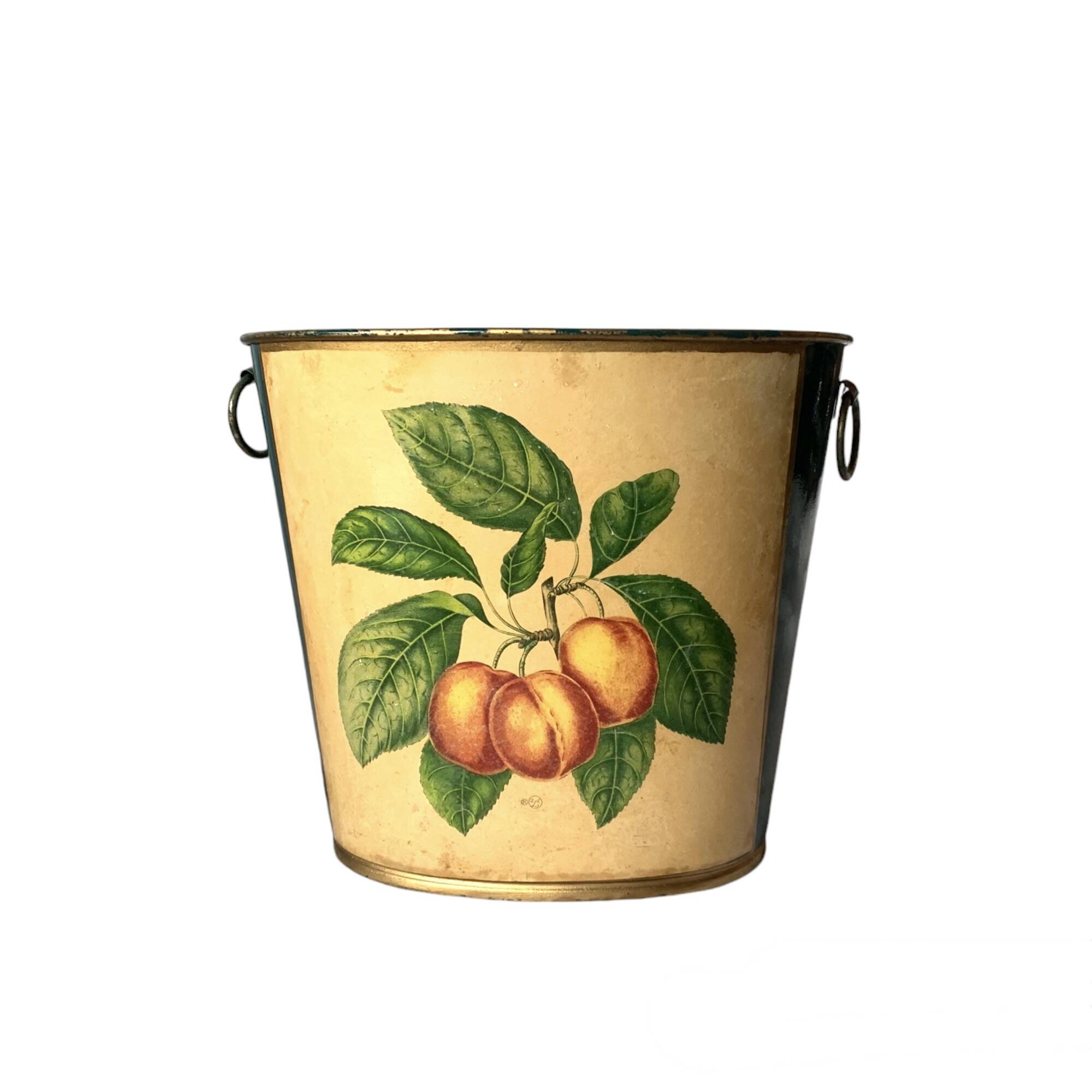 Vintage enamelled sheet metal waste paper basket - peach decor