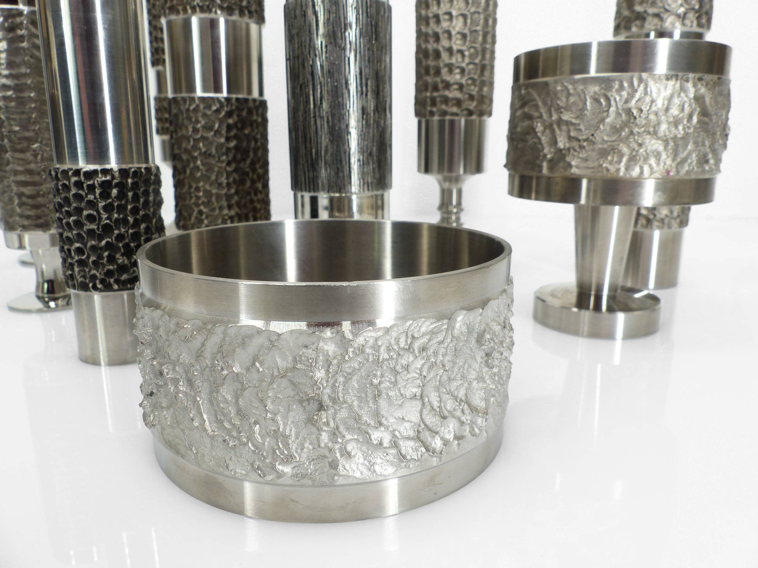 Set of 13 brutalist Space Age vases in steel – BMF, Germany, circa 1970