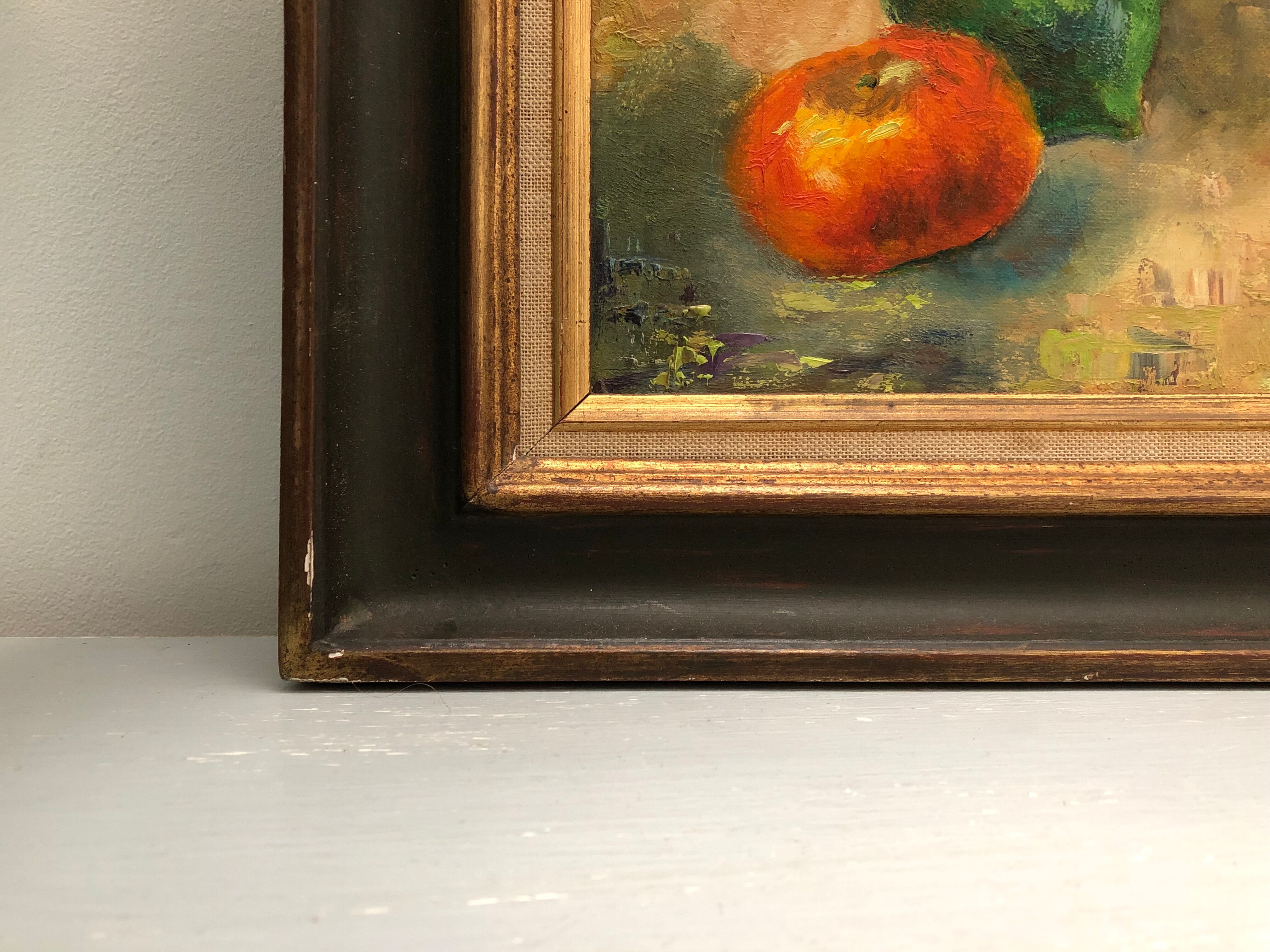 Painting, oil on canvas, still life, fruit cup, signed Pesnelle