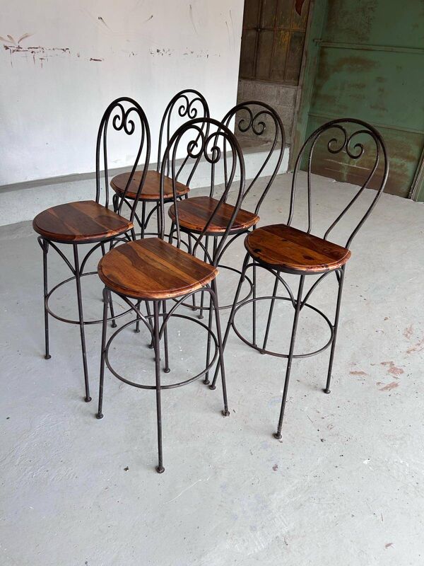 Chaises hautes en palissandre et fer forgé
