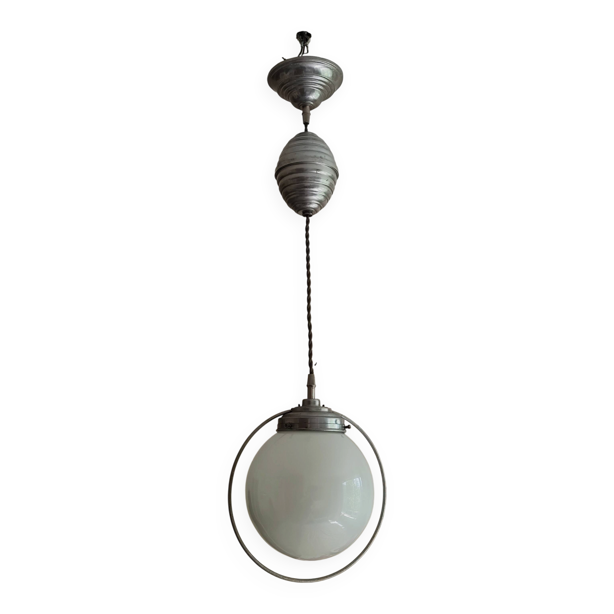 Suspension drop globe opaline white and metal structure