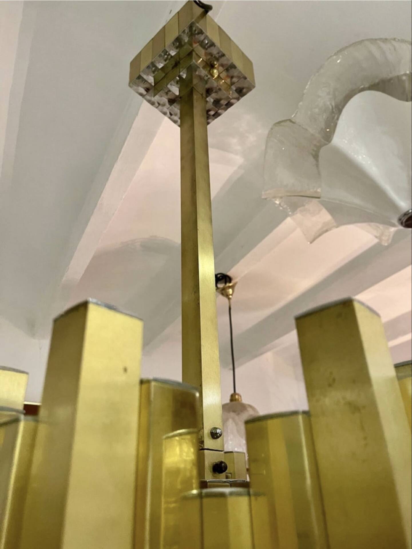 Rare 1970s Lumica chandelier in brass and crystal.