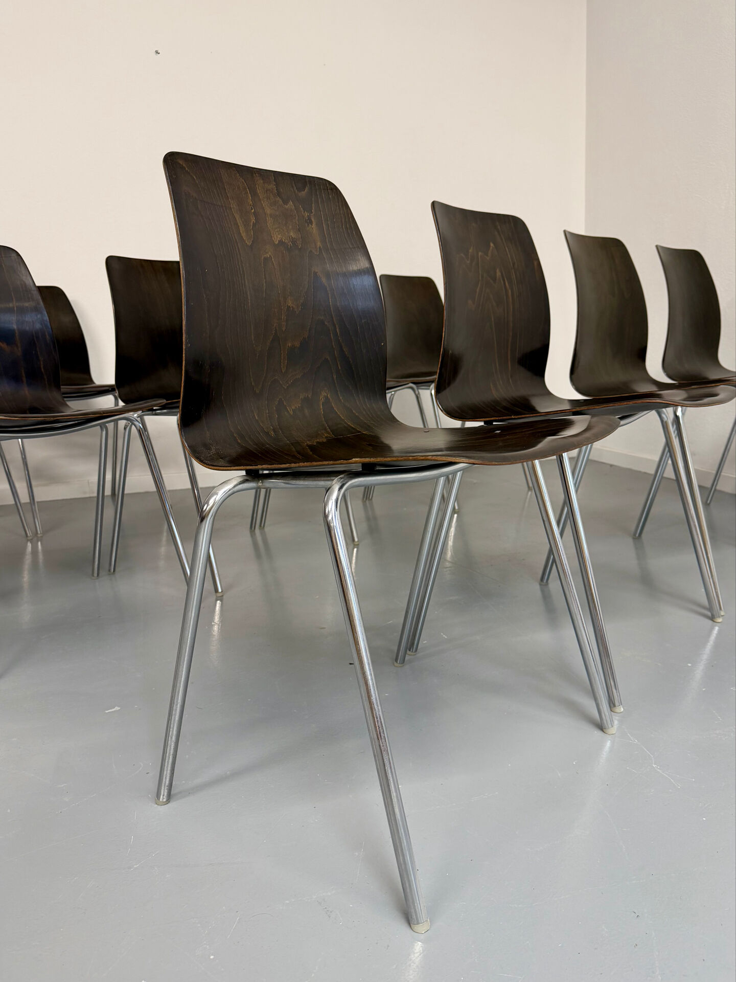 Set of 32 wooden and chrome chairs, Pagholz design from the 80s, vintage Pagwood.