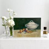 Old painting on canvas board "La Soupière" signed Anne Marie Beiruet