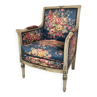 Directoire style bergère in gray lacquered wood, silky fabric with flower patterns